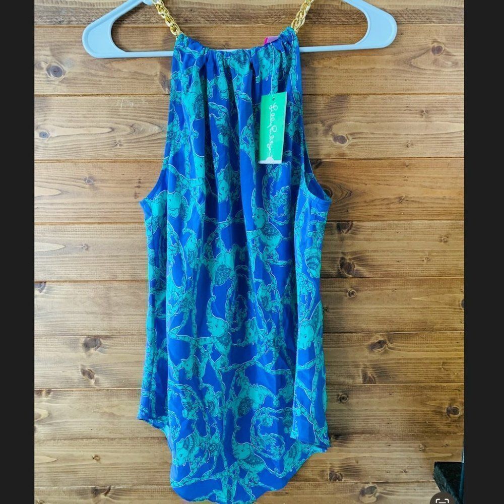 Lilly Pulitzer Cabana Chain Halter‎ in Iris Blue Loopy Elephant Print 100% Silk
